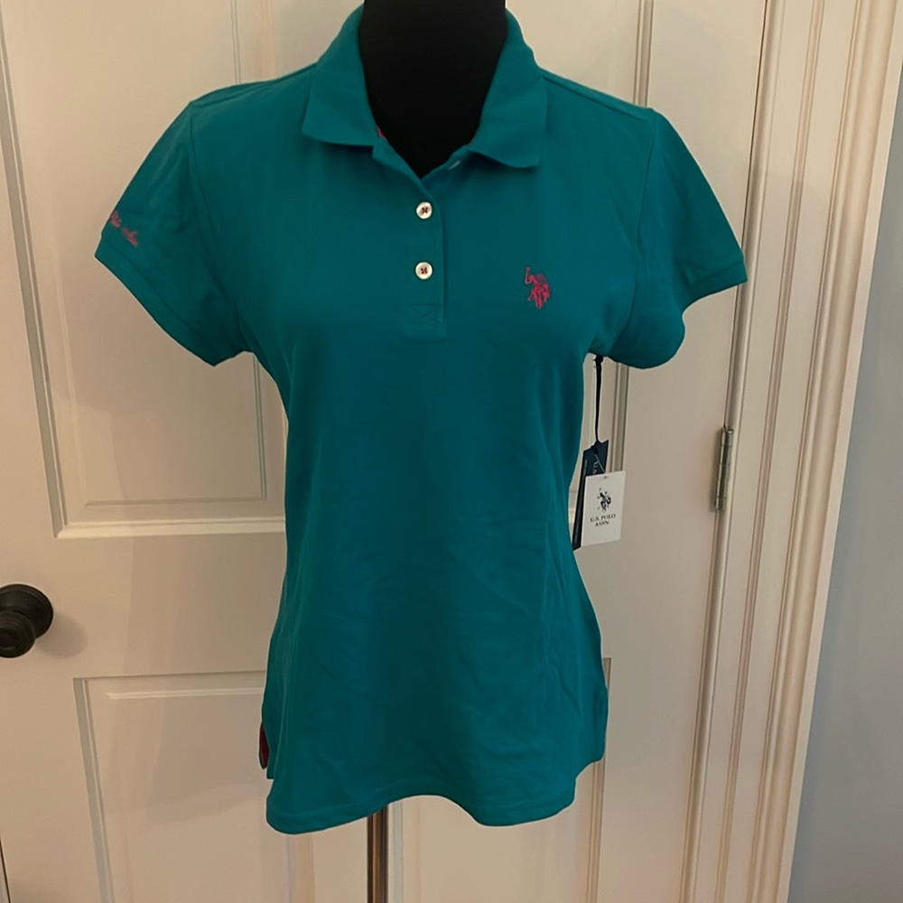 NWT U.S. Polo Association green/blue turquoise with pink accents large